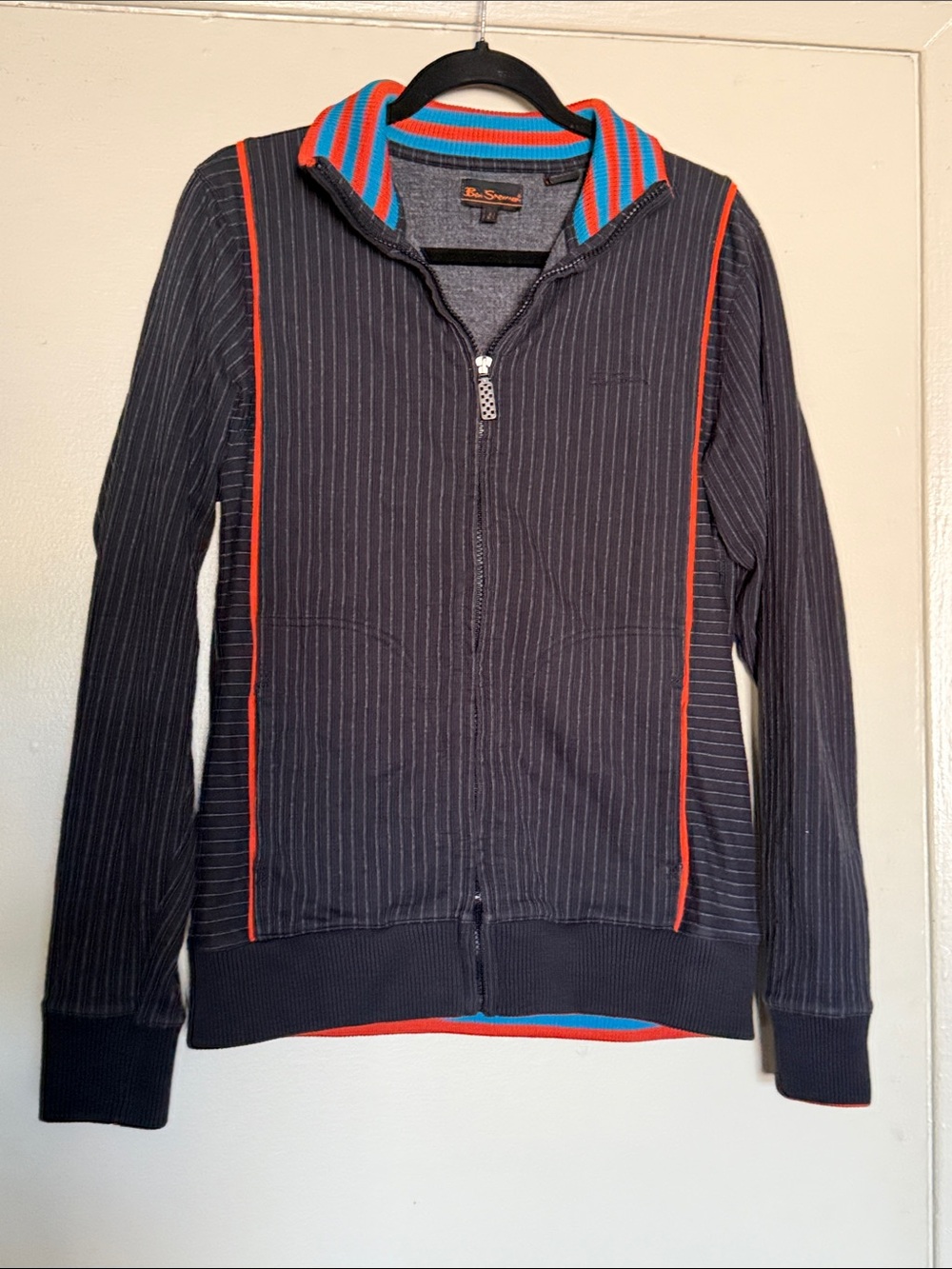 Ben Sherman Navy Pinstripe Zip-Up Sweater with OrangeTrim & Blue-Striped Collar